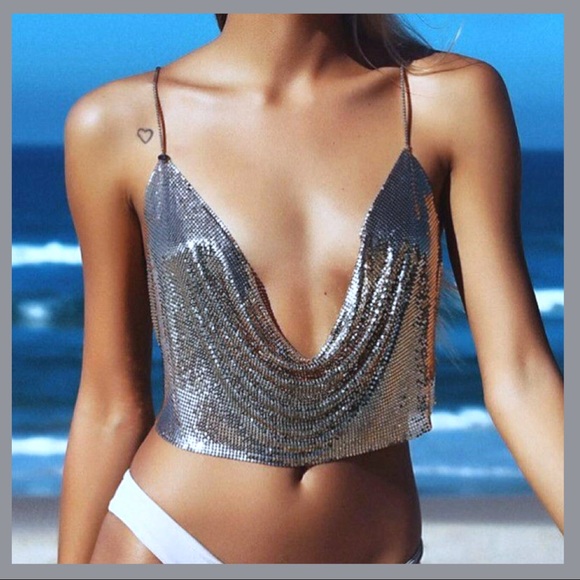Silver Metal Rhinestone Backless Crop Top Rave NWT - Picture 7 of 9